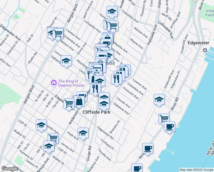 map of restaurants, bars, coffee shops, grocery stores, and more near 223 Delia Lane in Cliffside Park