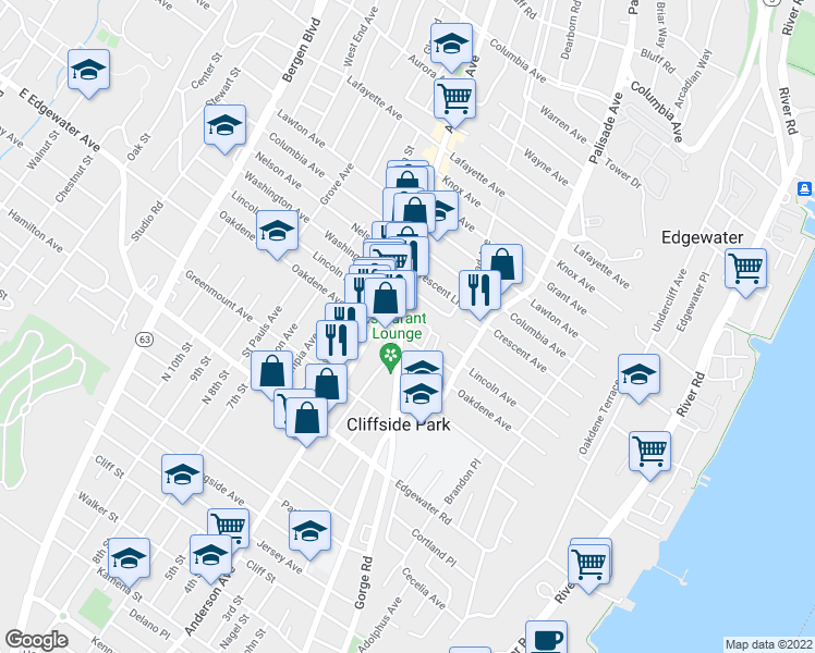map of restaurants, bars, coffee shops, grocery stores, and more near in Cliffside Park