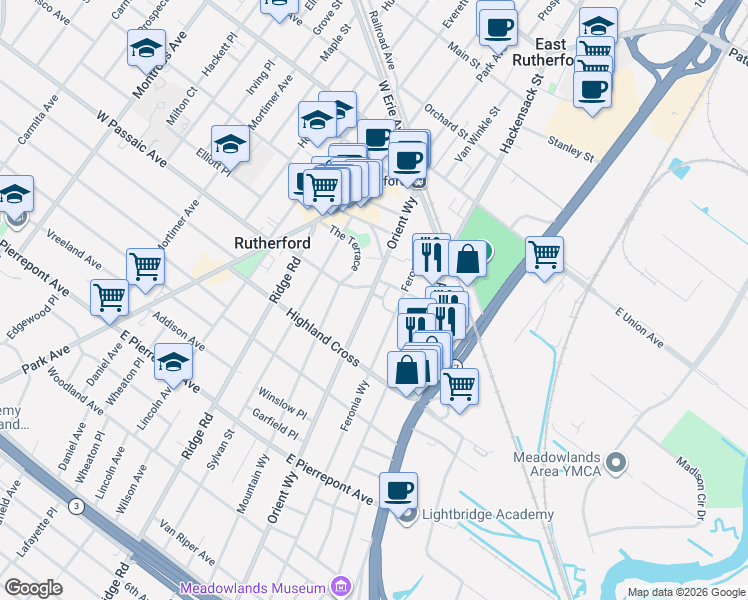 map of restaurants, bars, coffee shops, grocery stores, and more near 117 Orient Way in Rutherford