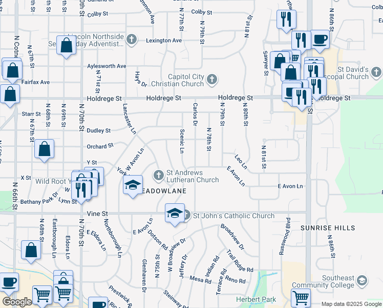 map of restaurants, bars, coffee shops, grocery stores, and more near 1010 Scenic Lane in Lincoln