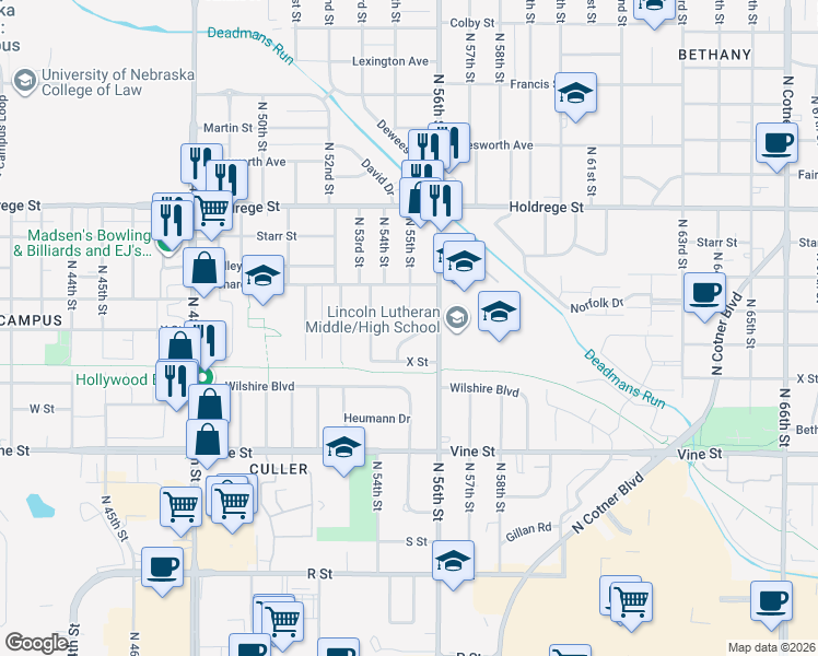 map of restaurants, bars, coffee shops, grocery stores, and more near 5501 Hillsdale Drive in Lincoln