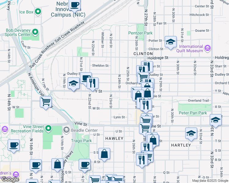 map of restaurants, bars, coffee shops, grocery stores, and more near 1014 North 23rd Street in Lincoln