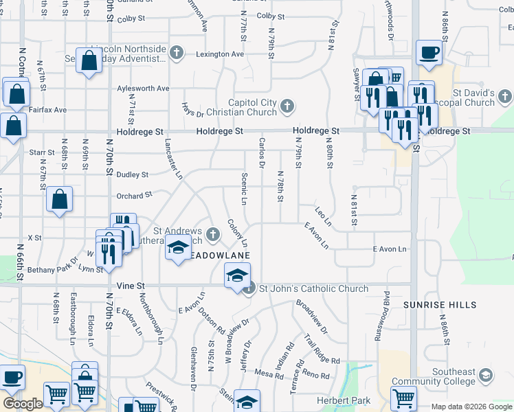 map of restaurants, bars, coffee shops, grocery stores, and more near 1010 Scenic Lane in Lincoln