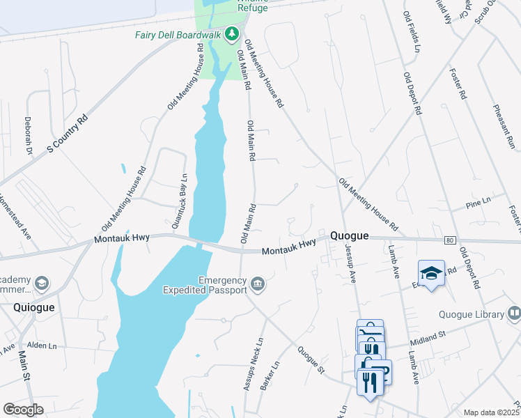 map of restaurants, bars, coffee shops, grocery stores, and more near 52 Old Main Road in Quogue