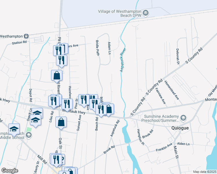 map of restaurants, bars, coffee shops, grocery stores, and more near 9 Jeffrey Lane in Westhampton Beach