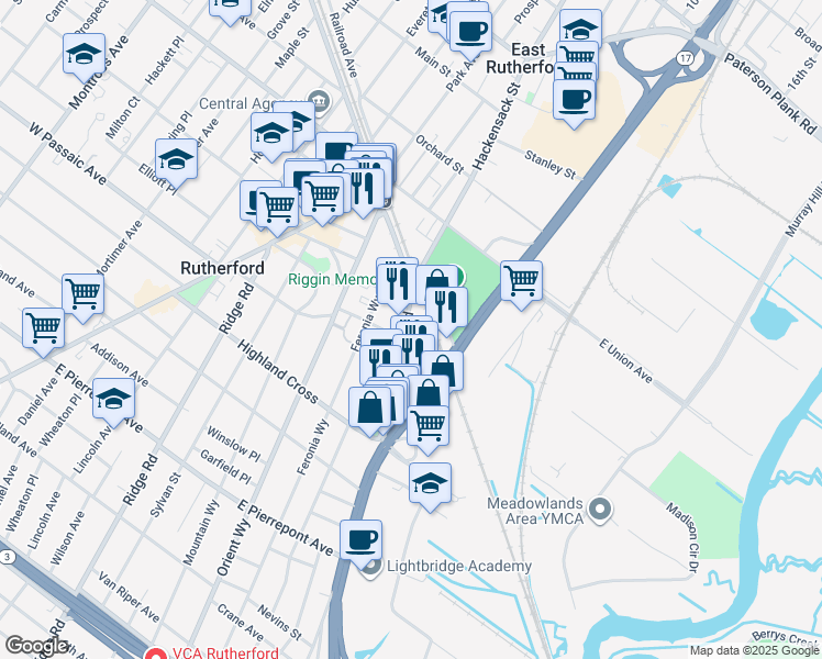 map of restaurants, bars, coffee shops, grocery stores, and more near 17 Meadow Road in Rutherford