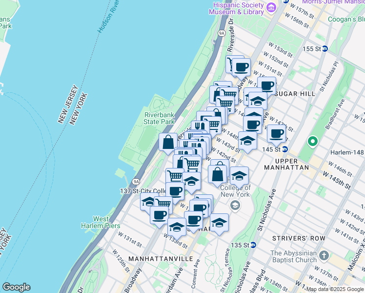 map of restaurants, bars, coffee shops, grocery stores, and more near 630 West 141st Street in New York