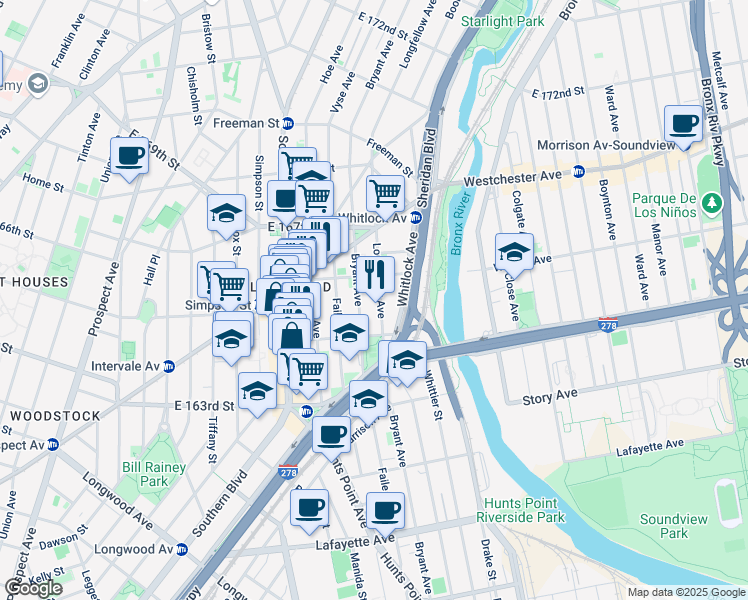 map of restaurants, bars, coffee shops, grocery stores, and more near 1020 Bryant Avenue in Bronx