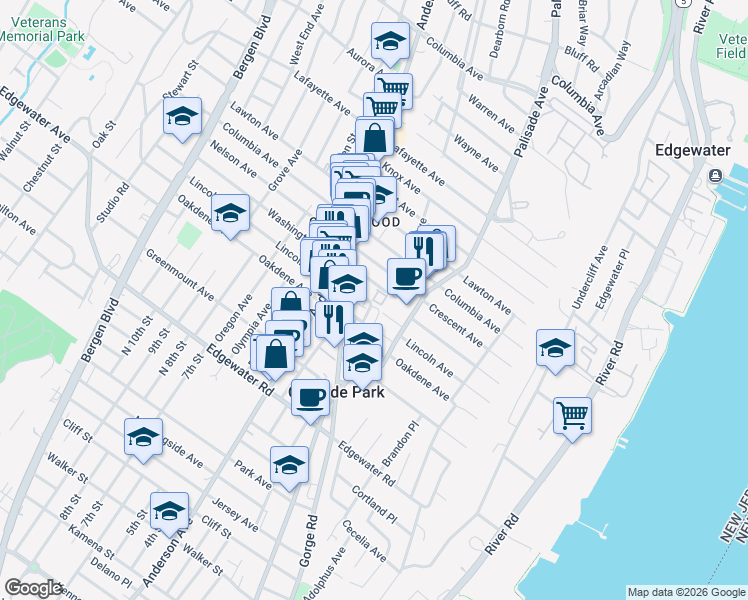 map of restaurants, bars, coffee shops, grocery stores, and more near 223 Delia Lane in Cliffside Park