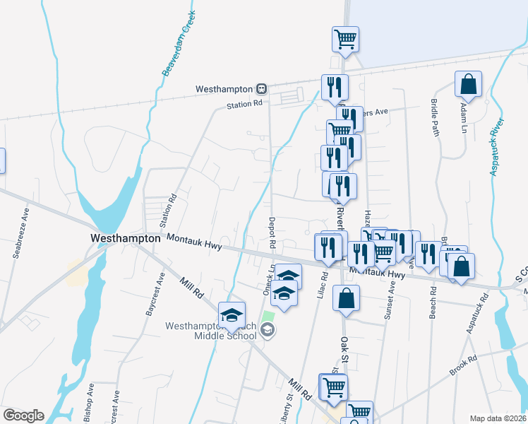 map of restaurants, bars, coffee shops, grocery stores, and more near 66 Brittany Lane in Westhampton Beach