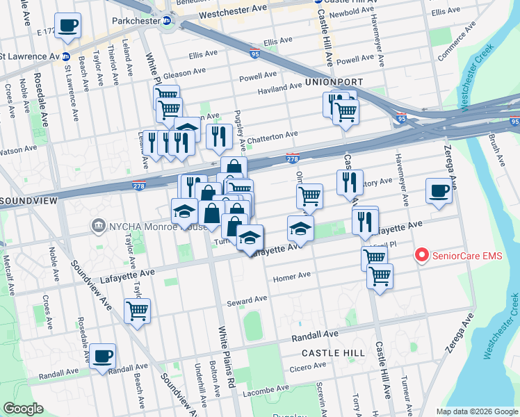 map of restaurants, bars, coffee shops, grocery stores, and more near 2002 Story Avenue in Bronx