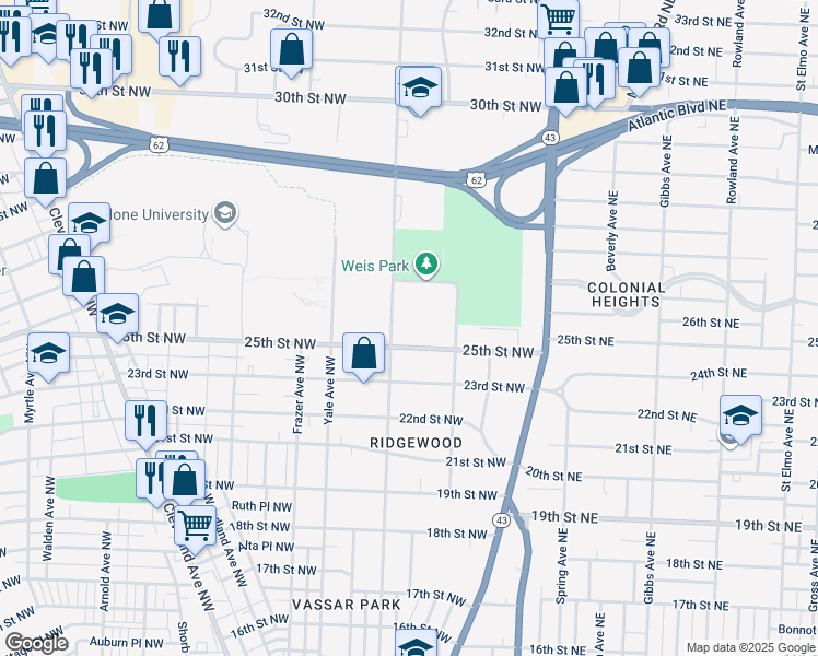 map of restaurants, bars, coffee shops, grocery stores, and more near 251 25th Street Northwest in Canton