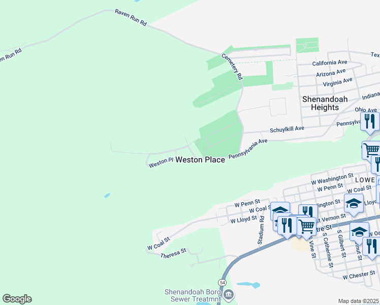 map of restaurants, bars, coffee shops, grocery stores, and more near 30 Weston Place in Shenandoah