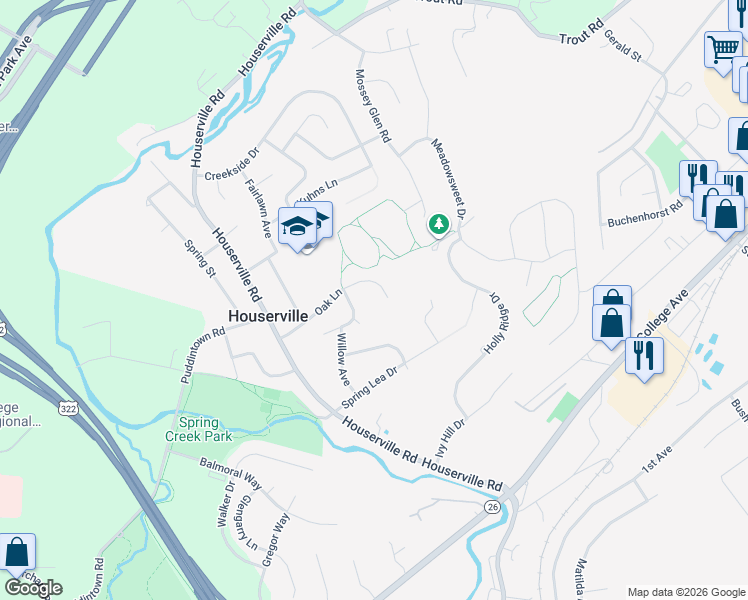 map of restaurants, bars, coffee shops, grocery stores, and more near 280 Oak Lane in State College