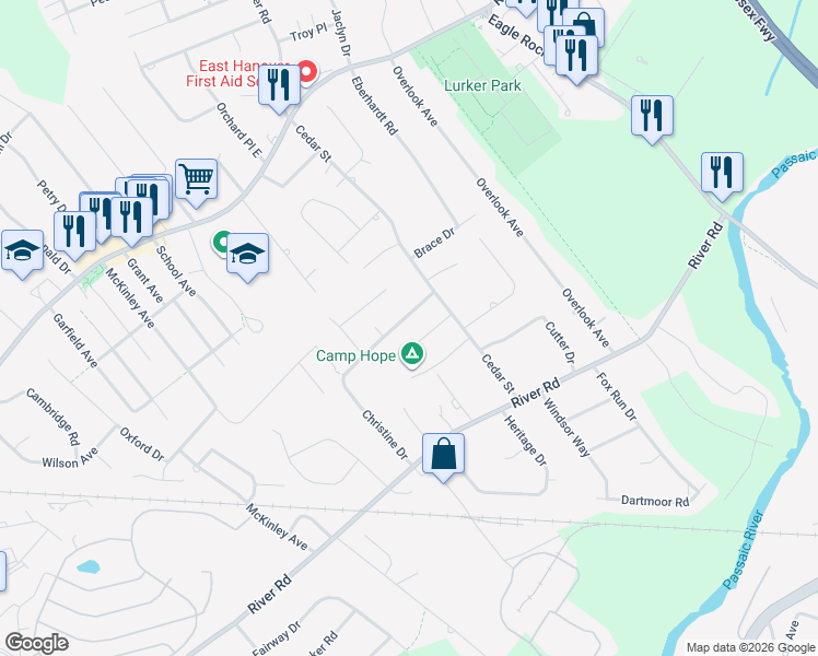 map of restaurants, bars, coffee shops, grocery stores, and more near 9 Courter Lane in East Hanover