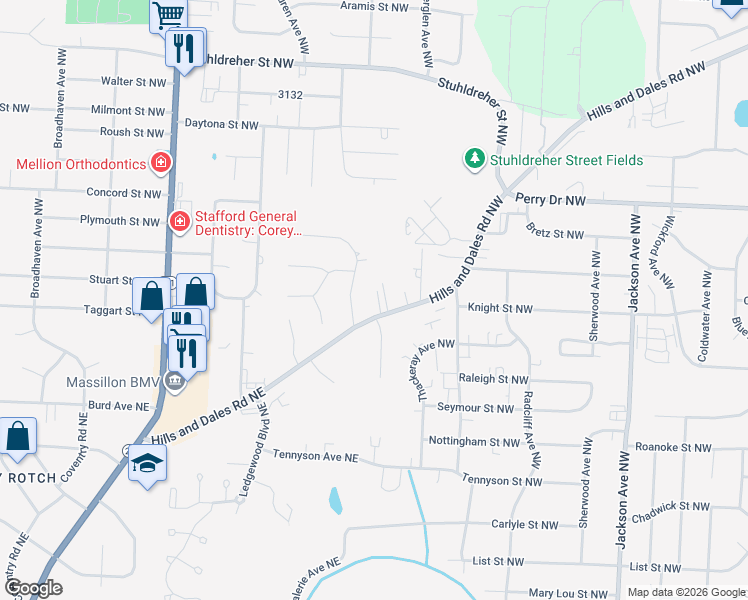 map of restaurants, bars, coffee shops, grocery stores, and more near 7819 Hills and Dales Road Northwest in Massillon