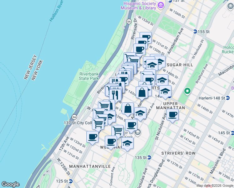 map of restaurants, bars, coffee shops, grocery stores, and more near in New York