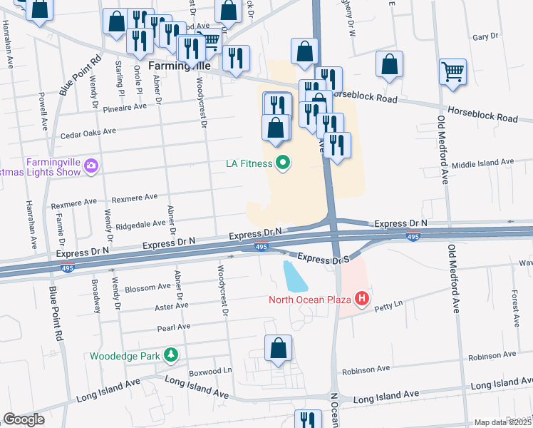 map of restaurants, bars, coffee shops, grocery stores, and more near 5537 Express Drive North in Holtsville