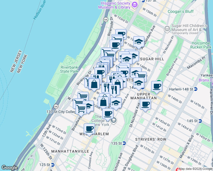 map of restaurants, bars, coffee shops, grocery stores, and more near 518 West 143rd Street in New York