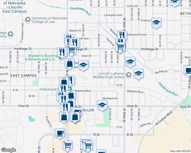map of restaurants, bars, coffee shops, grocery stores, and more near 1025 North 51st Street in Lincoln