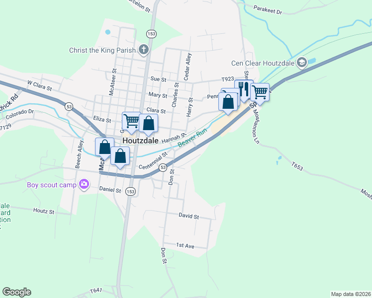 map of restaurants, bars, coffee shops, grocery stores, and more near 101-699 Centennial Alley in Houtzdale