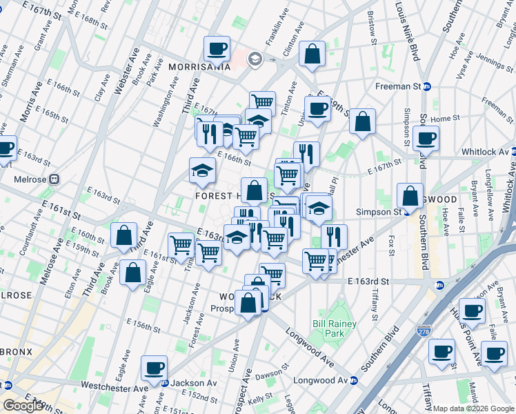 map of restaurants, bars, coffee shops, grocery stores, and more near 780 East 165th Street in The Bronx