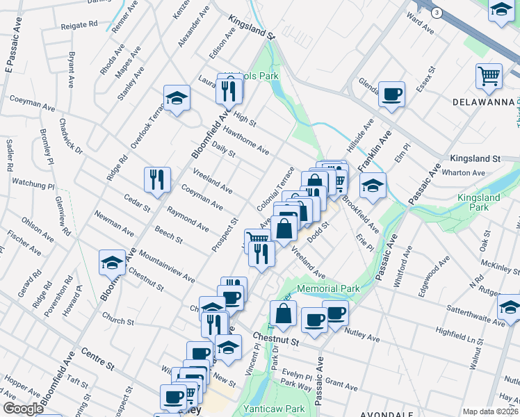 map of restaurants, bars, coffee shops, grocery stores, and more near 189 Vreeland Avenue in Nutley