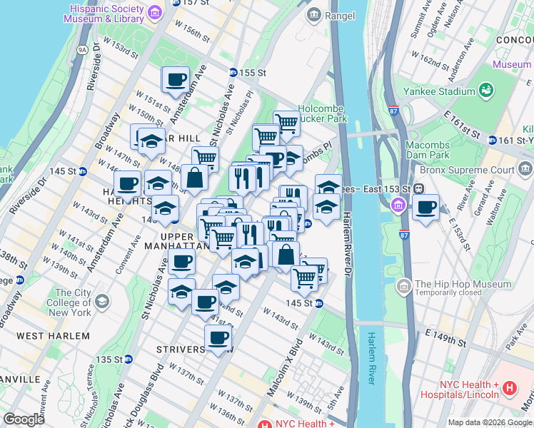 map of restaurants, bars, coffee shops, grocery stores, and more near 231 West 148th Street in New York