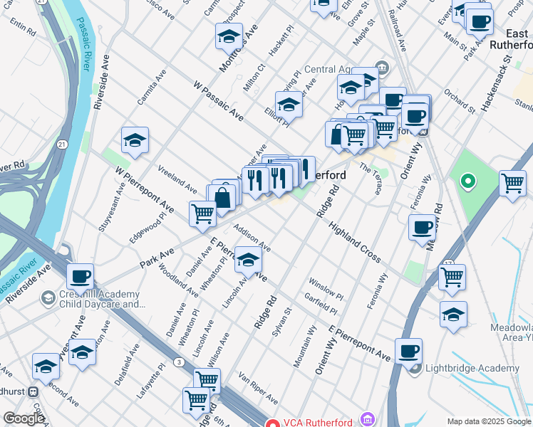map of restaurants, bars, coffee shops, grocery stores, and more near 31 East Newell Avenue in Rutherford