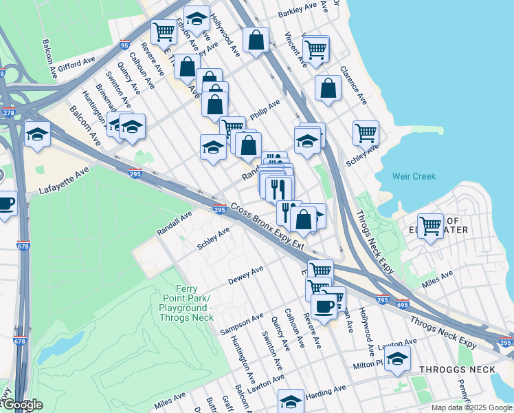 map of restaurants, bars, coffee shops, grocery stores, and more near 2878 Schley Avenue in Bronx