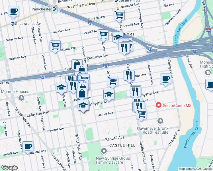 map of restaurants, bars, coffee shops, grocery stores, and more near 843 Olmstead Avenue in Bronx