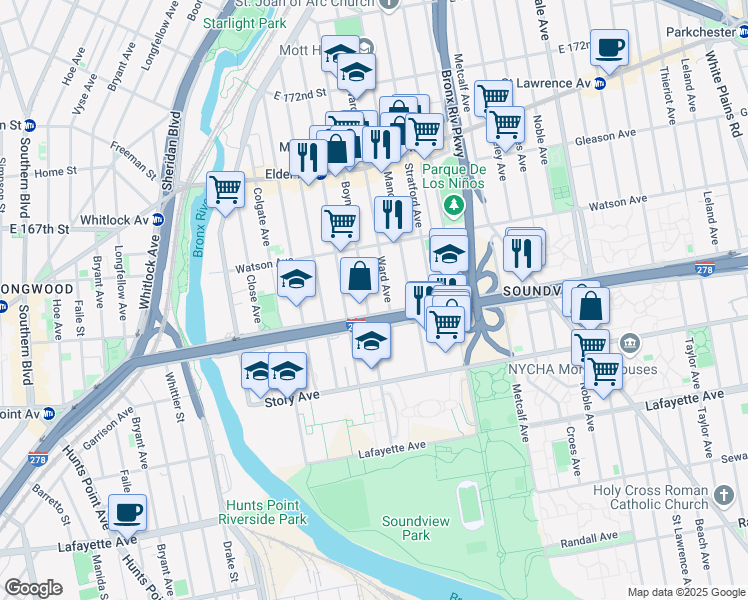 map of restaurants, bars, coffee shops, grocery stores, and more near 1557 Bruckner Boulevard in Bronx