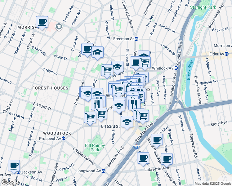 map of restaurants, bars, coffee shops, grocery stores, and more near 967 East 165th Street in Bronx