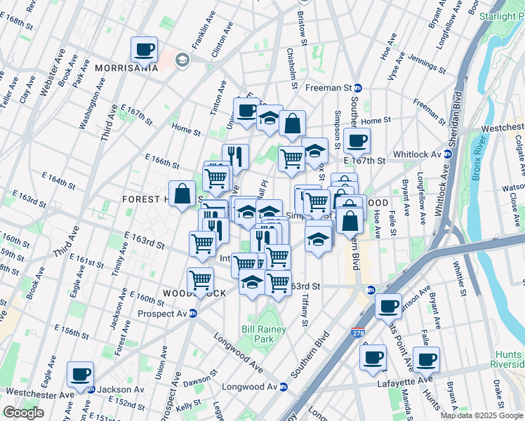 map of restaurants, bars, coffee shops, grocery stores, and more near in Bronx
