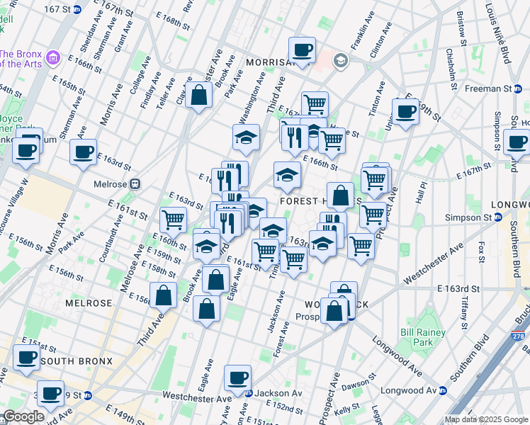 map of restaurants, bars, coffee shops, grocery stores, and more near in The Bronx