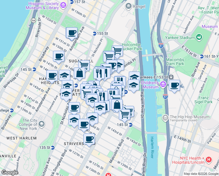 map of restaurants, bars, coffee shops, grocery stores, and more near in New York