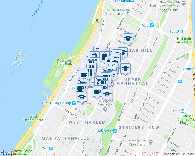 map of restaurants, bars, coffee shops, grocery stores, and more near 511 West 142nd Street in New York