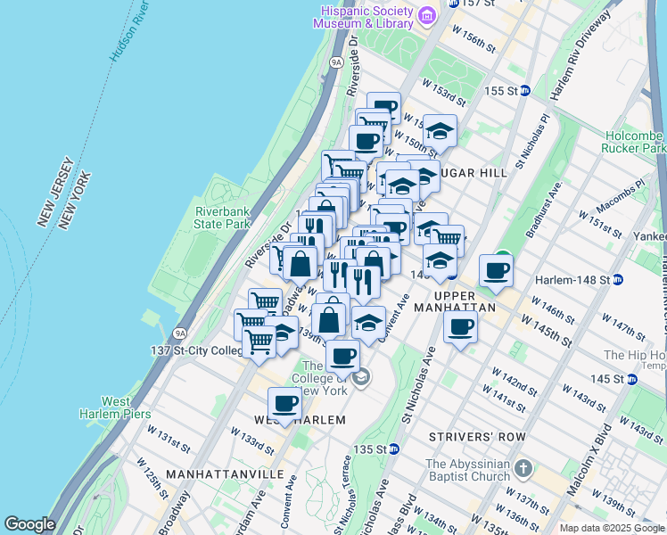 map of restaurants, bars, coffee shops, grocery stores, and more near 511 West 142nd Street in New York