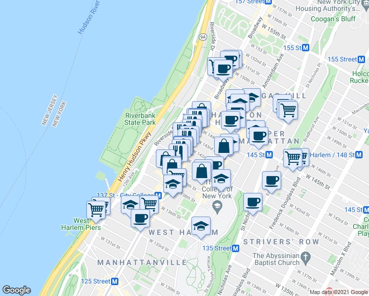 map of restaurants, bars, coffee shops, grocery stores, and more near in New York