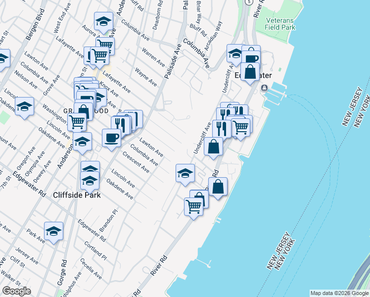 map of restaurants, bars, coffee shops, grocery stores, and more near 1.A Old Wood Road in Edgewater