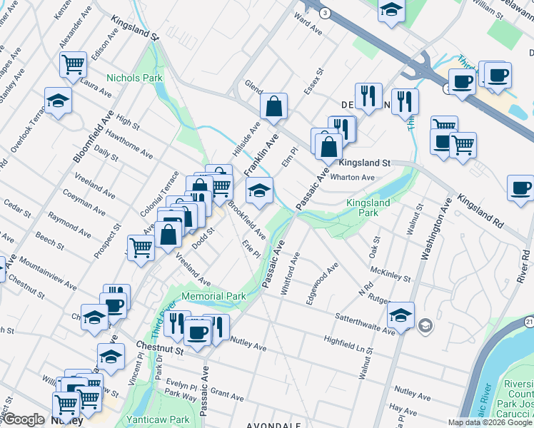 map of restaurants, bars, coffee shops, grocery stores, and more near 111 Brookfield Avenue in Nutley