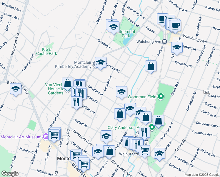 map of restaurants, bars, coffee shops, grocery stores, and more near 134 Chestnut Street in Montclair