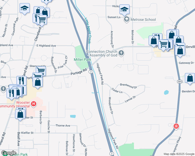 map of restaurants, bars, coffee shops, grocery stores, and more near 1918 Highland Park Road in Wooster
