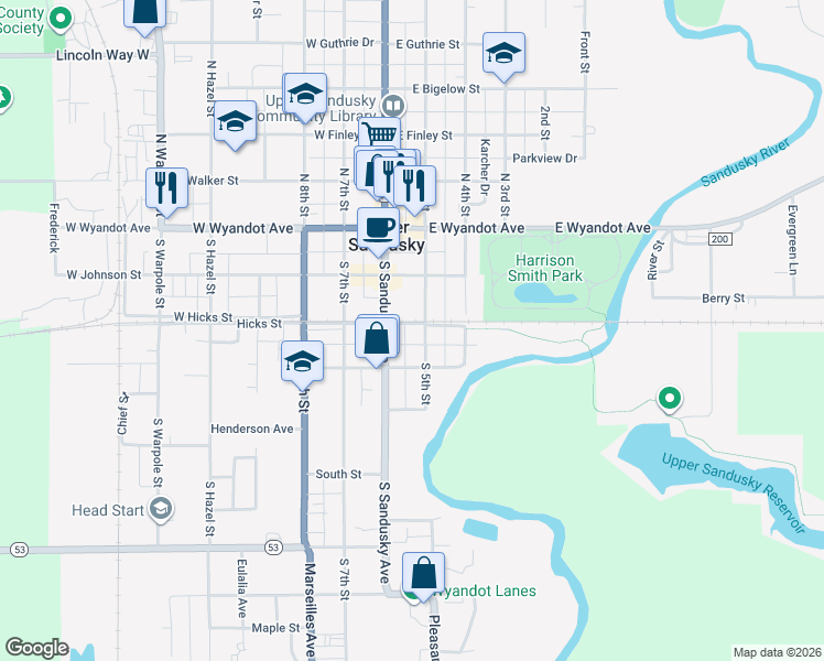 map of restaurants, bars, coffee shops, grocery stores, and more near 318 South 5th Street in Upper Sandusky