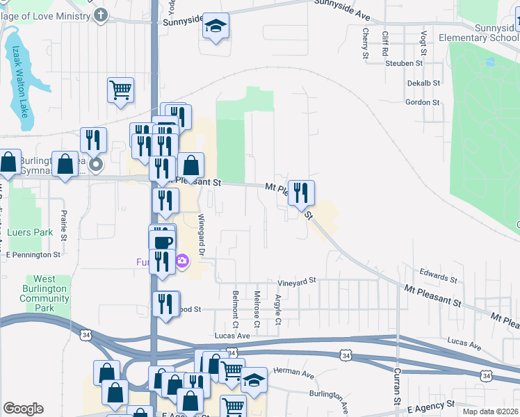 map of restaurants, bars, coffee shops, grocery stores, and more near 2635 Mount Pleasant Street in Burlington
