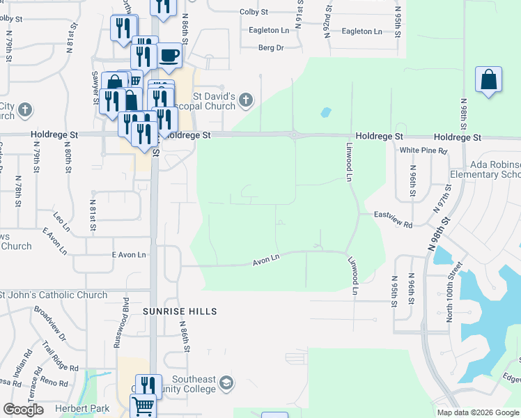map of restaurants, bars, coffee shops, grocery stores, and more near 1001 North 92nd Street in Lincoln