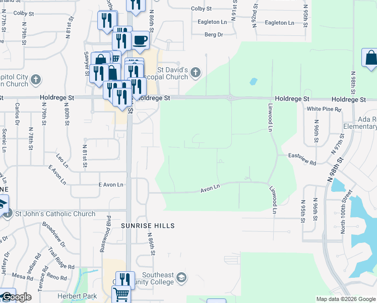 map of restaurants, bars, coffee shops, grocery stores, and more near 1000 North 88th Street in Lincoln