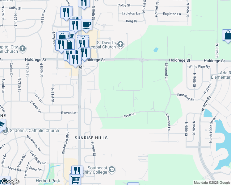 map of restaurants, bars, coffee shops, grocery stores, and more near 1000 North 88th Street in Lincoln