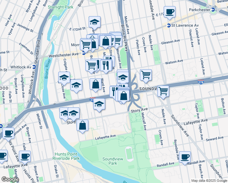 map of restaurants, bars, coffee shops, grocery stores, and more near 1591 Bruckner Boulevard in The Bronx