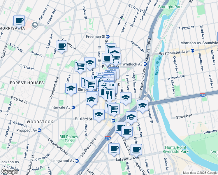 map of restaurants, bars, coffee shops, grocery stores, and more near in The Bronx